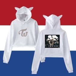 Kpop merch hoodie with animal ears and graphic print, perfect for fans of Korean pop culture.