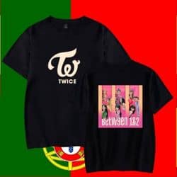 K-pop merch t-shirt featuring TWICE logo and BTS album design.