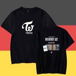 Kpop merch t-shirt featuring TWICE logo and album artwork, perfect for fans to show support.