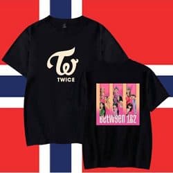 Kpop merch T-shirt featuring TWICE TWICE logo and album artwork, perfect for fans of K-pop memorabilia.