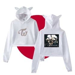 Cute Kpop merch hoodie featuring floral artwork and 3D bear ears, perfect for fans of K-pop music and fashion.