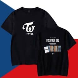 TWICE K-pop merch T-shirt featuring bold logo design and official band merchandise, perfect for fans to showcase their love for the group.