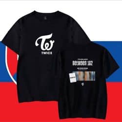 Kpop merch T-shirt featuring TWICE logo and BTS album design, perfect for fans and collectors.