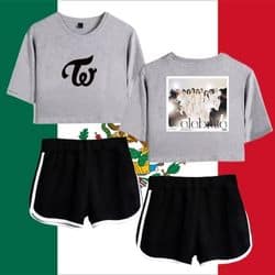 Kpop merch sweatshirt and shorts set with fun graphics and stylish design.