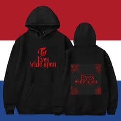 Kpop merch hoodie featuring bold red text and a stylish design, perfect for fans to showcase their favorite idols and fandoms.