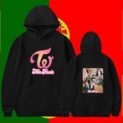 Stylish black hoodie featuring TWICE Kpop merch with vibrant pink logo and group photo patch on the back, perfect for dedicated Kpop fans.