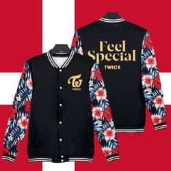 Kpop merch black varsity jacket with floral sleeves and "Feel Special" TWICE logo.