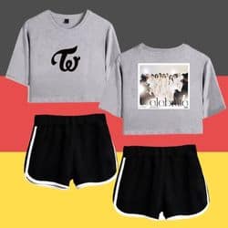 Kpop merch t-shirt and shorts set with trendy designs and comfortable fabric for fans.