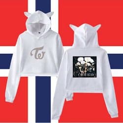 Cute white K-pop themed hoodies featuring floral and logo designs for K-pop merchandise fans.