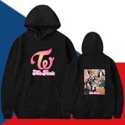 K-pop merch hoodie with colorful band photo print on the back and a logo on the front. Perfect for fans to showcase their love for K-pop groups.