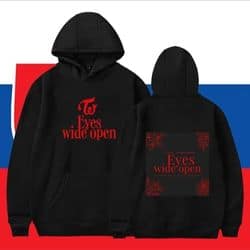 Kpop merch hoodie featuring bold red text and graphic design, perfect for fans to showcase their favorite K-pop group style.