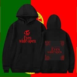 Bright black hoodie featuring bold red text and graphic prints, perfect for K-pop fans.