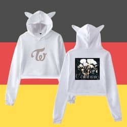K-pop merch hoodie featuring floral design and cute animal ears, perfect for fans of Korean pop music and style.