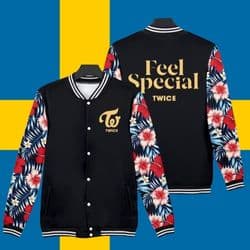Kpop merch varsity jacket featuring TWICE logo and colorful floral sleeves.
