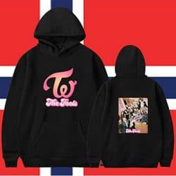 Vibrant black K-pop hoodie with colorful group photo and pink TWice logo, perfect for K-pop fans and merch collectors.