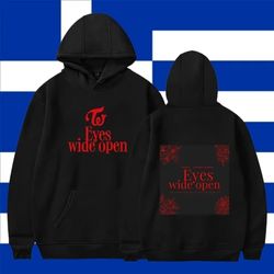 K-pop merch hoodie featuring eye-catching red text and design, perfect for fans to showcase their love for K-pop groups and artists.