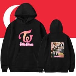 Kpop merch hoodie with TW logo and group photo print, perfect for fans.