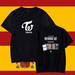 Kpop merch T-shirt featuring TWICE logo and concert tickets, perfect for fans and collectors.