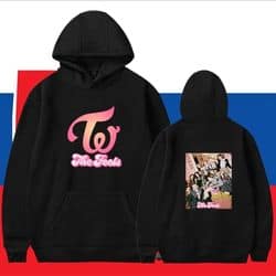 Casual black hoodie with K-pop merch design featuring a pink logo and a group photo on the back, perfect for K-pop fans.