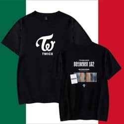 Twice K-pop merch black T-shirt with TWICE logo and checklist design on a green and red background.