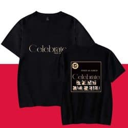 Kpop merch black t-shirt with Celebrate graphic design and Korean text, perfect for K-pop fans and collectors.