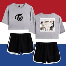 Kpop merch sweatshirt and shorts set featuring a Tul logo and album artwork, perfect for fans.