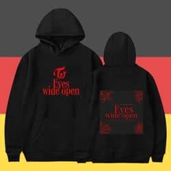 Stylish K-pop merch hoodie featuring eye-catching red text and design, perfect for fans to showcase their love for K-pop. Comfortable and trendy for everyday wear.