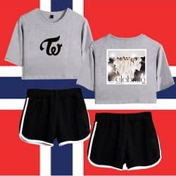 Kpop merch gray sweatshirt and black shorts set, trendy casual outfit for Kpop fans.