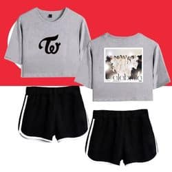 Kpop merch, cute stylish apparel set with graphic T-shirts and comfortable shorts for fans.