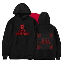 A black and red K-pop merch hoodie with bold text and design elements for fans of Korean pop music.