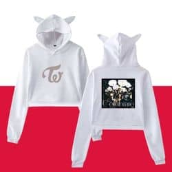 Soft white K-pop merch hoodie with cute bear ears and floral graphic design on the back.