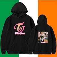 Kpop merch hoodie featuring a pink logo and colorful back design, perfect for fans.