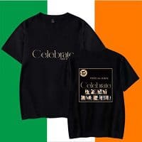 Kpop merch black t-shirt with "Celebrate" graphic design and concert ticket graphic element.