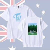 White TWICE kpop merch T-shirt with a blue logo and floral graphic design, perfect for fans.