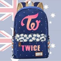 Vivid blue TWICE K-pop merch backpack with floral accents and bold logo, perfect for fans and collectors.