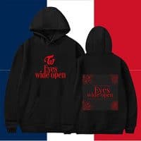 Kpop merch hoodie with bold red text and graphic design, perfect for fans of K-pop music and fashion.