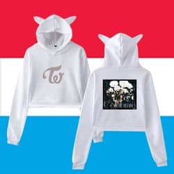 Kpop merch hoodie with bear ears and graphic print, perfect for K-pop fans.