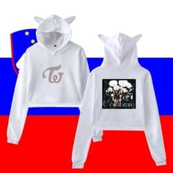 Kpop merch hoodie featuring a cute bear hood and floral design, perfect for fans of K-pop fashion and style.