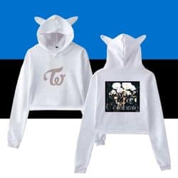 Kpop merch hoodie with bear ears and floral graphic print on the back.