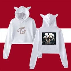 Cute white K-pop merch hoodie with bear ears and floral design, perfect for fans.
