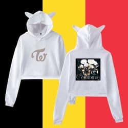 Cute white K-pop themed hoodies with animal ears and floral design, perfect for fans of music and trendy streetwear.