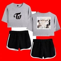Kpop merch casual crop top and shorts set featuring popular band graphics and logos.