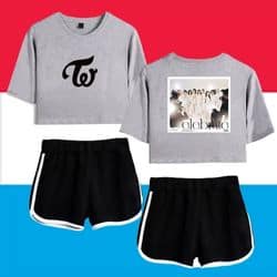Cute Kpop merch set featuring a graphic sweatshirt and athletic shorts for fans.