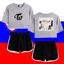 Kpop merch featuring graphic t-shirt and shorts set with band logo and image, perfect for fans and casual wear.