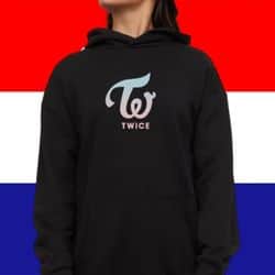 Comfortable TWICE K-pop merch hoodie featuring the group's logo on a black background.