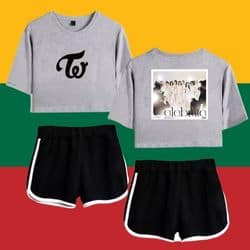 Kpop merch t-shirts and shorts featuring popular band logos and album artwork for fans.