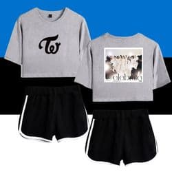 Kpop merch crop top and shorts set featuring a vintage-inspired logo and graphic design, perfect for fans and casual wear.