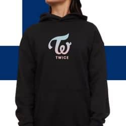 K-pop merch hoodie featuring TWICE logo in black and grey, perfect for fans of Korean pop music and trendy streetwear style.