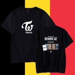 Kpop merch black T-shirt with TWICE logo and barcode design, perfect for fans and collectors.