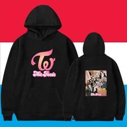 Kpop merch hoodie featuring TWICE logo and a group photo on the back, perfect for fans of Korean pop music and merchandise collections.